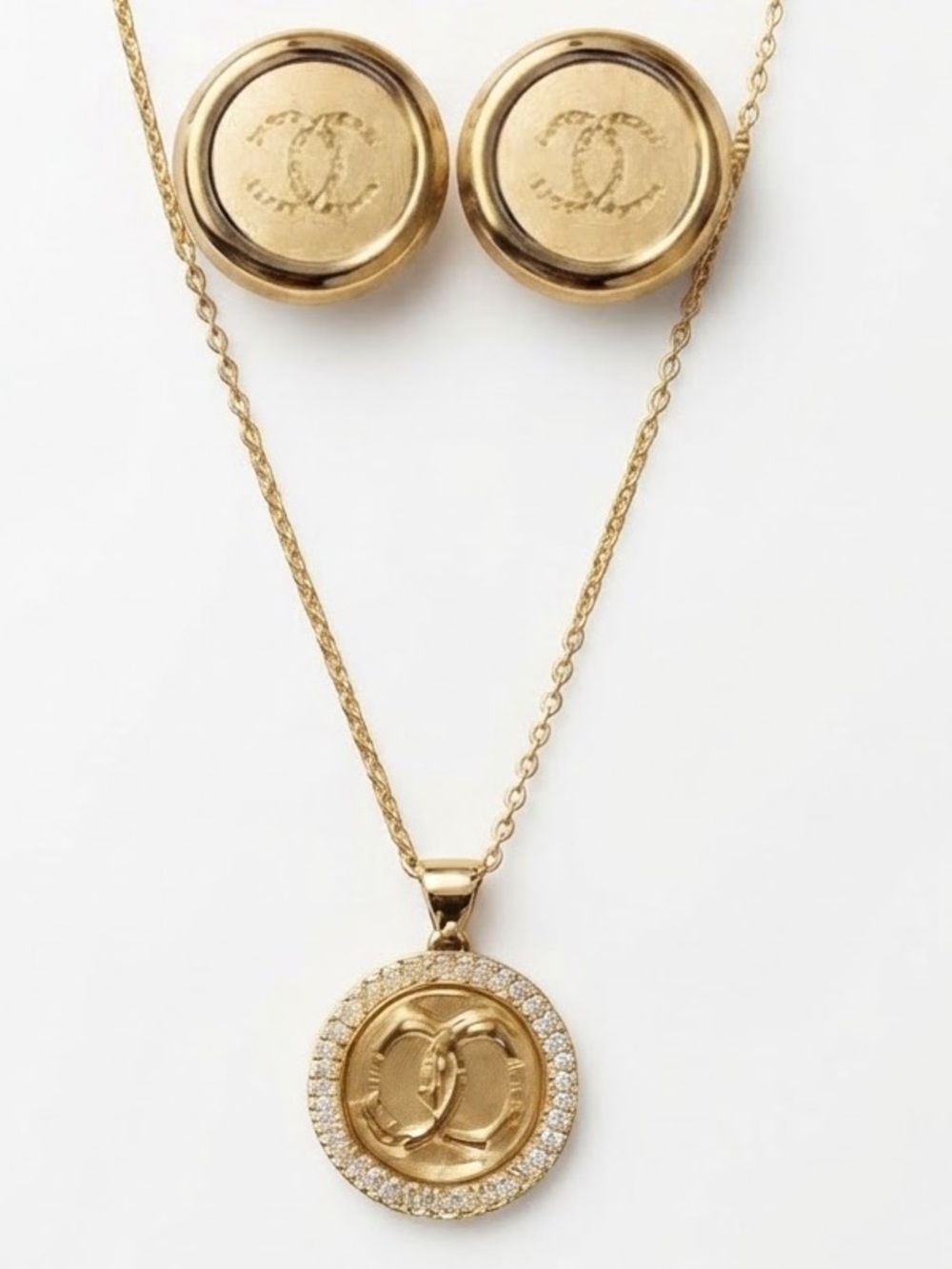 Gold-Tone Lettered C Medallion Necklace and Matching Earrings
